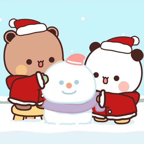 three teddy bears wearing santa hats are standing around a snowman