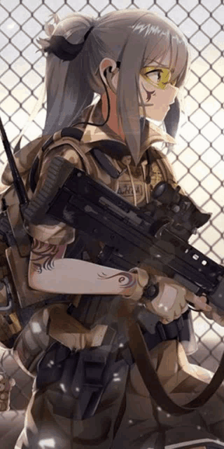 a girl with a tattoo on her arm is holding a gun in front of a chain link fence