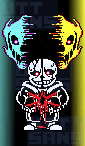 a pixel art of a skeleton with two skulls on his head and a bloody heart .