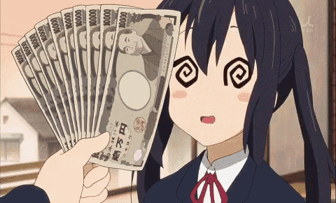 a girl is holding a fan of japanese money