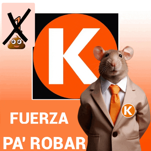 a mouse wearing a suit and tie is standing in front of a k logo