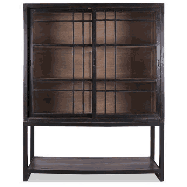 a black cabinet with sliding glass doors has a shelf underneath it