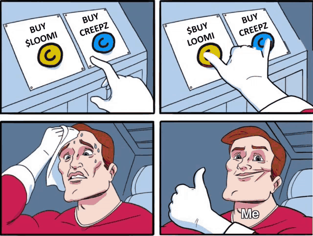 a cartoon of a man making a choice between $ buy creepz and $ buy loomi