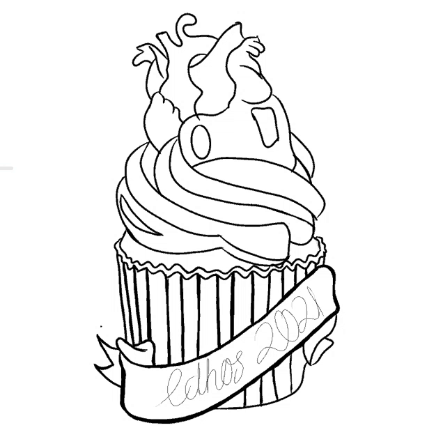 a black and white drawing of a cupcake with celhos 2021 written on a banner