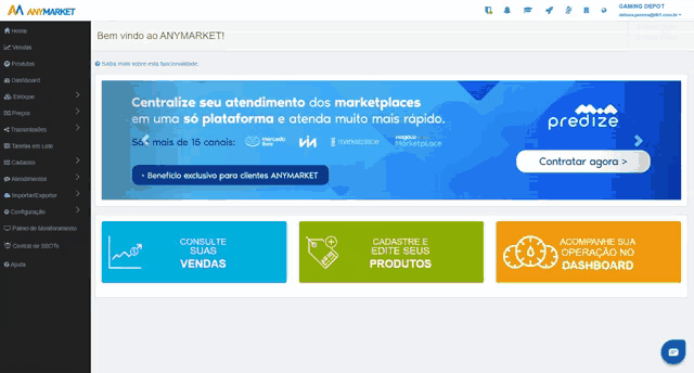 a screenshot of a website called anymarket with a blue banner that says centralize seu atendimento dos marketplaces