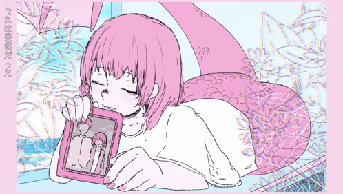 a drawing of a girl with pink hair holding a picture frame