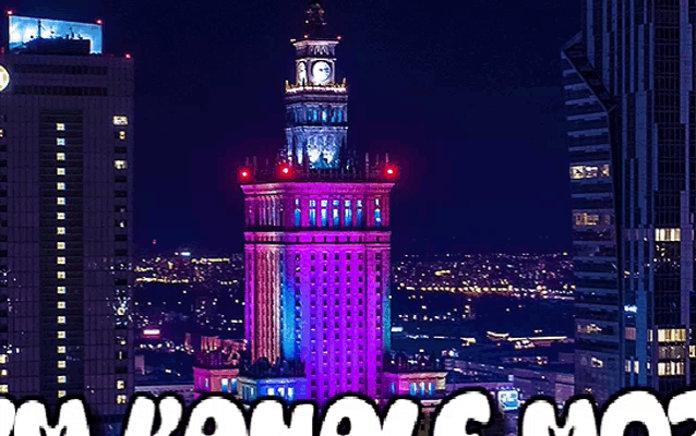 a picture of a city at night with a purple building in the foreground and the words " warszawa moc " below