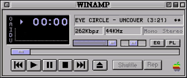 a winamp window displays a song called eye circle uncover