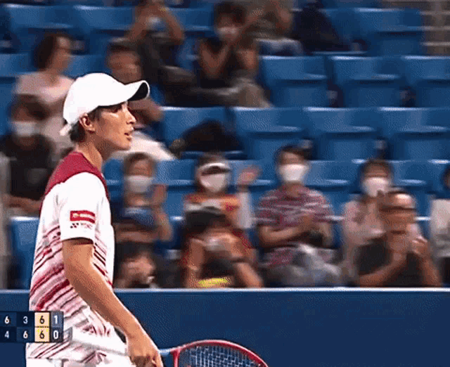 a tennis player is holding a tennis racquet in front of a scoreboard that shows the score as 6 to 0