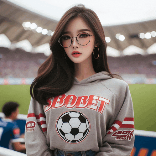 a girl wearing a hoodie that says sbobet on it