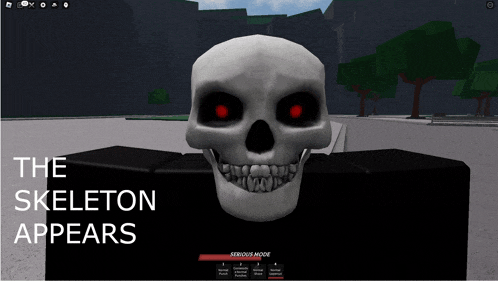 a screenshot of a game called the skeleton appears shows a skull with red eyes