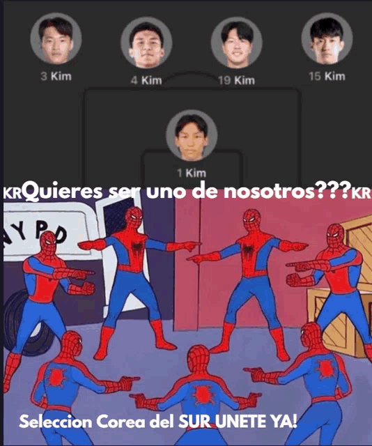 a group of spider-man pointing at each other with the words seleccion corea del sur unete ya on the bottom