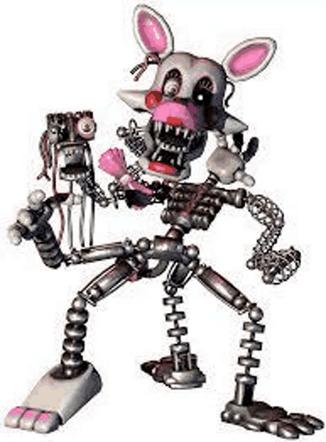 mangle is a skeleton from five nights at freddy 's holding a microphone and a camera .