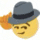 a yellow smiley face wearing a hat is holding a glove .