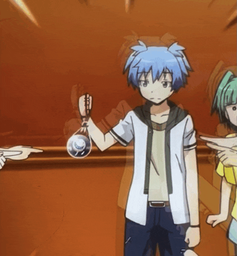 a boy with blue hair is holding a ball in his hand and a girl is pointing at him