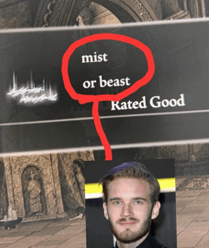 a man with a beard stands in front of a sign that says mist or beast rated good