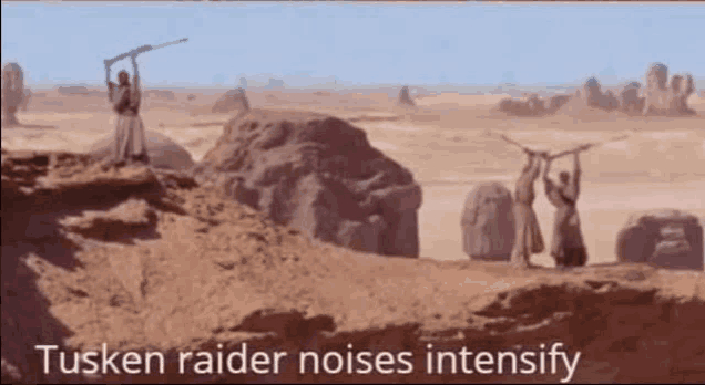 a group of tusken raiders are standing on top of a hill in the desert .