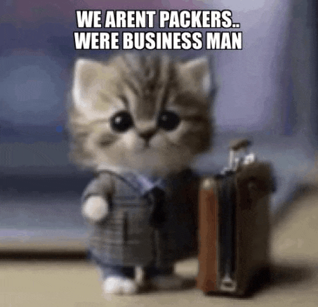 a kitten dressed as a businessman is holding a suitcase and a laptop .