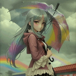 a girl is holding a rainbow colored umbrella in the rain