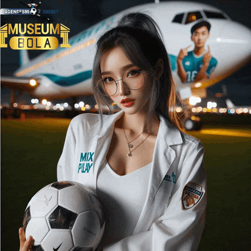 a woman holding a soccer ball in front of an airplane with the words museum bola on it