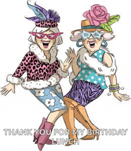 two cartoon women wearing sunglasses and hats are standing next to each other and waving .