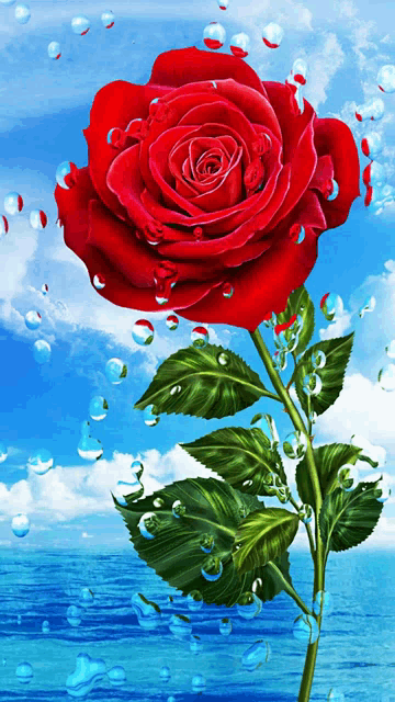 a red rose is surrounded by water drops on a blue sky