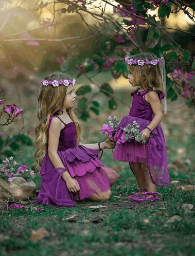 two little girls in purple dresses and flower crowns are kneeling in the grass