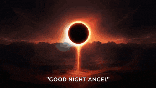 a poster that says " good night angel " with a black hole in the middle