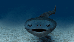 a shark with a smiley face on its face is swimming in the ocean