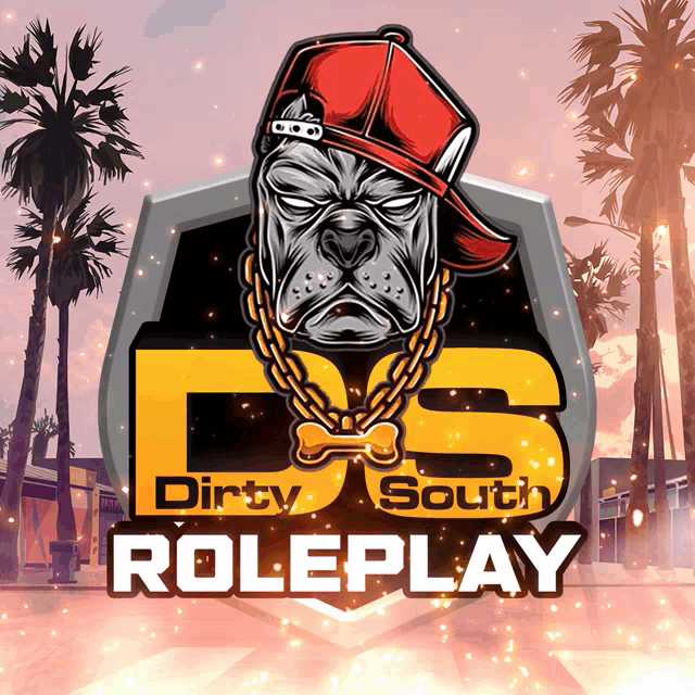 a logo for dirty south roleplay shows a dog wearing a hat and chains