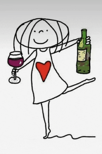 a cartoon of a woman holding a glass of wine and a bottle of wine .