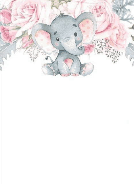 a baby elephant is sitting in front of pink flowers .