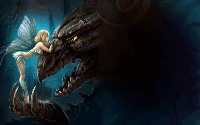 a fairy is kissing a dragon 's head in a dark cave