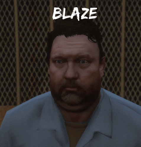 a close up of a man 's face with the name blaze above him