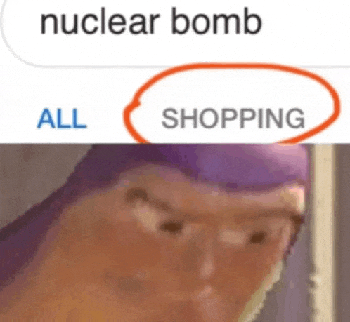 buzz lightyear from toy story is making a funny face with a nuclear bomb all shopping circled in orange .