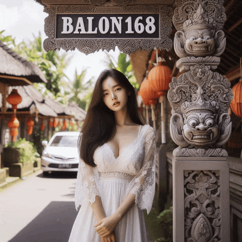 a woman in a white dress stands in front of a sign that reads balon168