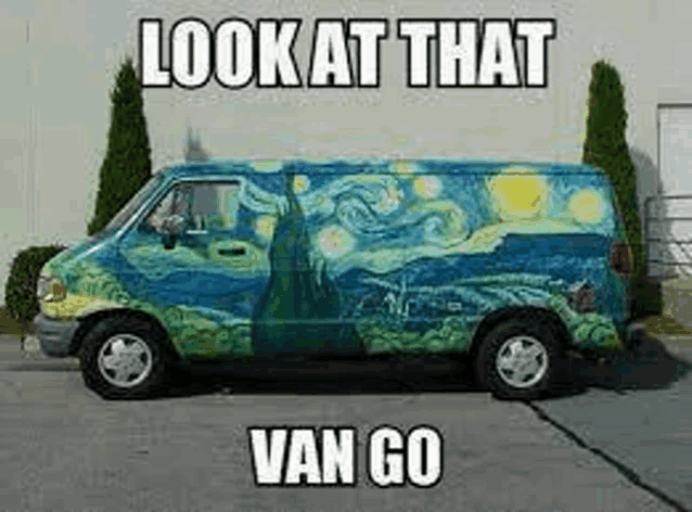 a van is painted like the starry night by van gogh .