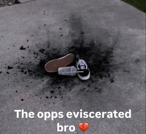 a pair of shoes laying on the ground with the words " the opps eviscerated bro " below them