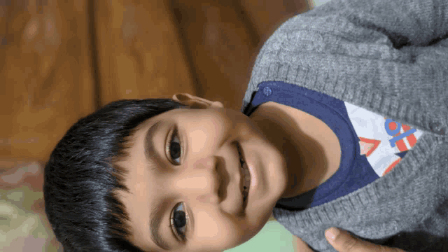 a young boy wearing a grey sweater and a blue shirt with the letter a on it smiles for the camera