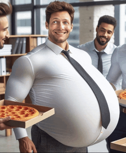 a man with a very large belly is holding two pizza boxes