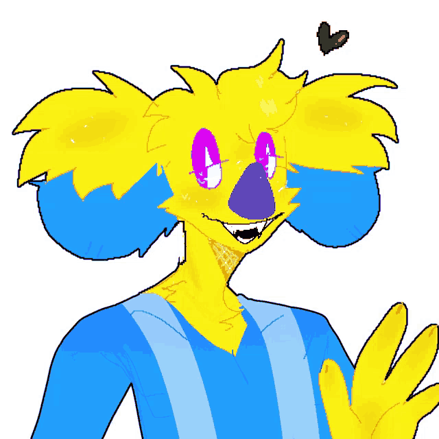 a cartoon drawing of a yellow and blue koala