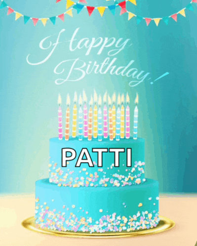 a birthday card for patti with a blue cake and candles