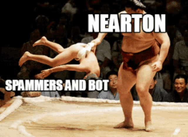 a picture of a sumo wrestler with nearton spammers and bot written on the bottom