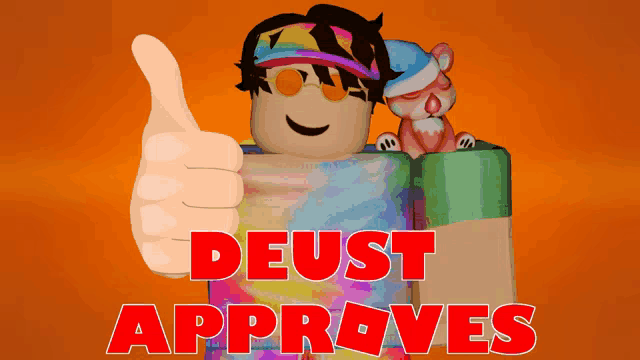 a cartoon character giving a thumbs up and the words deust approves below him