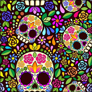 a day of the dead pattern with sugar skulls and colorful flowers