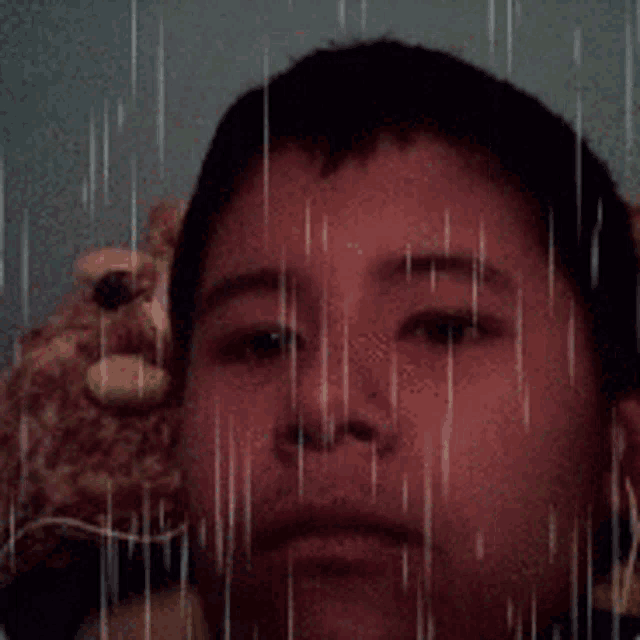 a young boy with a teddy bear in the background looks at the camera with rain drops falling on his face