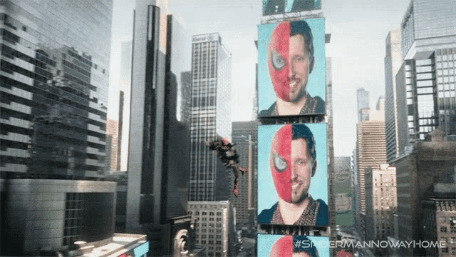 a spider-man is flying through the air in front of a spider-man no way home billboard