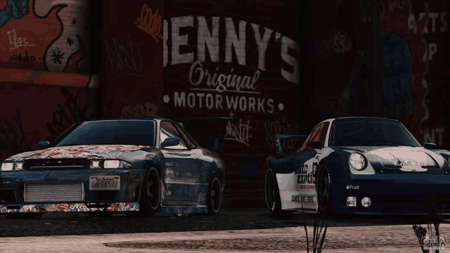 two cars are parked in front of a sign for jenny 's original motor works