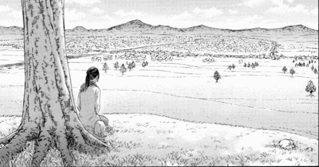 a black and white drawing of a woman sitting under a tree in a field