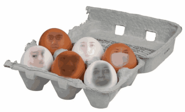 a carton of eggs with faces on them has a label that says " eggs " on it